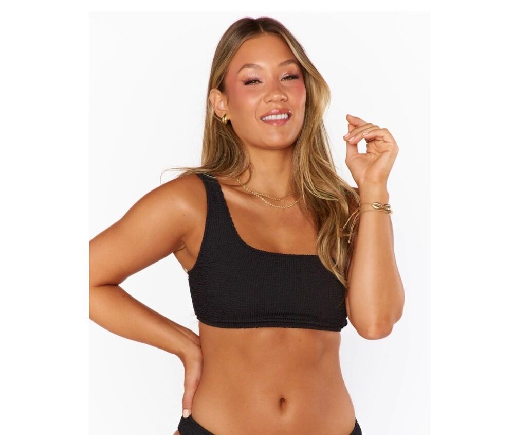 Show Me Your Mumu Asymmetrical One Shoulder Float on Scrunch Top in Black, XL